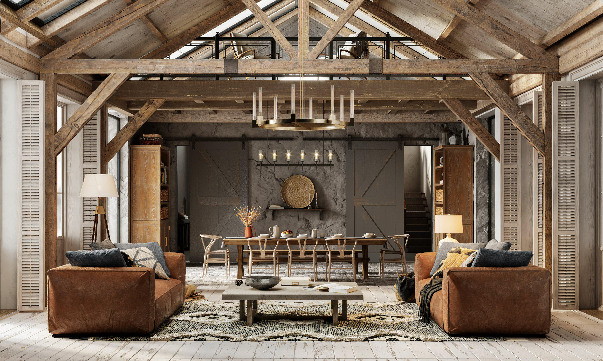 Beautiful living room interiors of a winter cottage in 3d