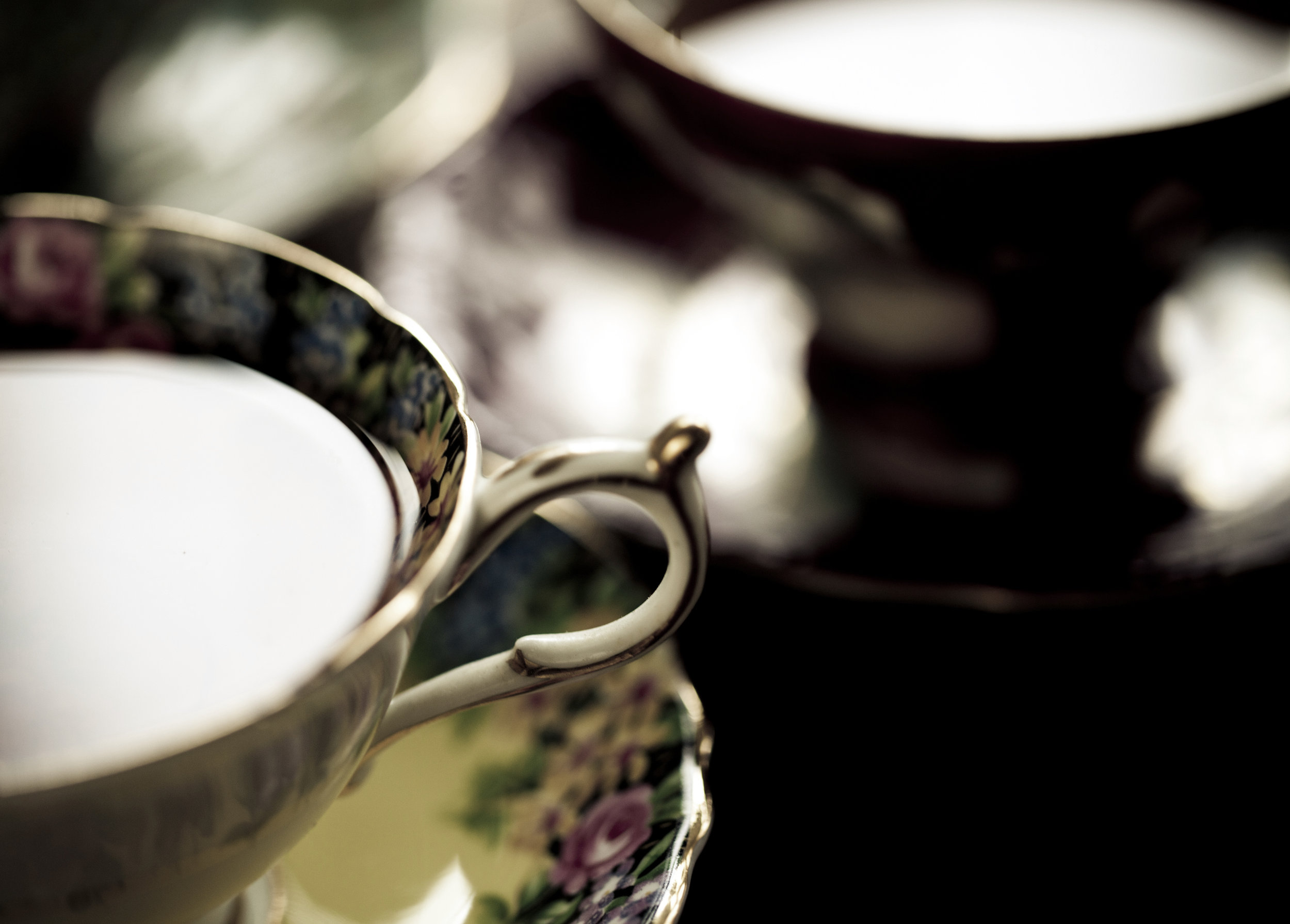 A closeup of a tea cup and saucer with gold trim