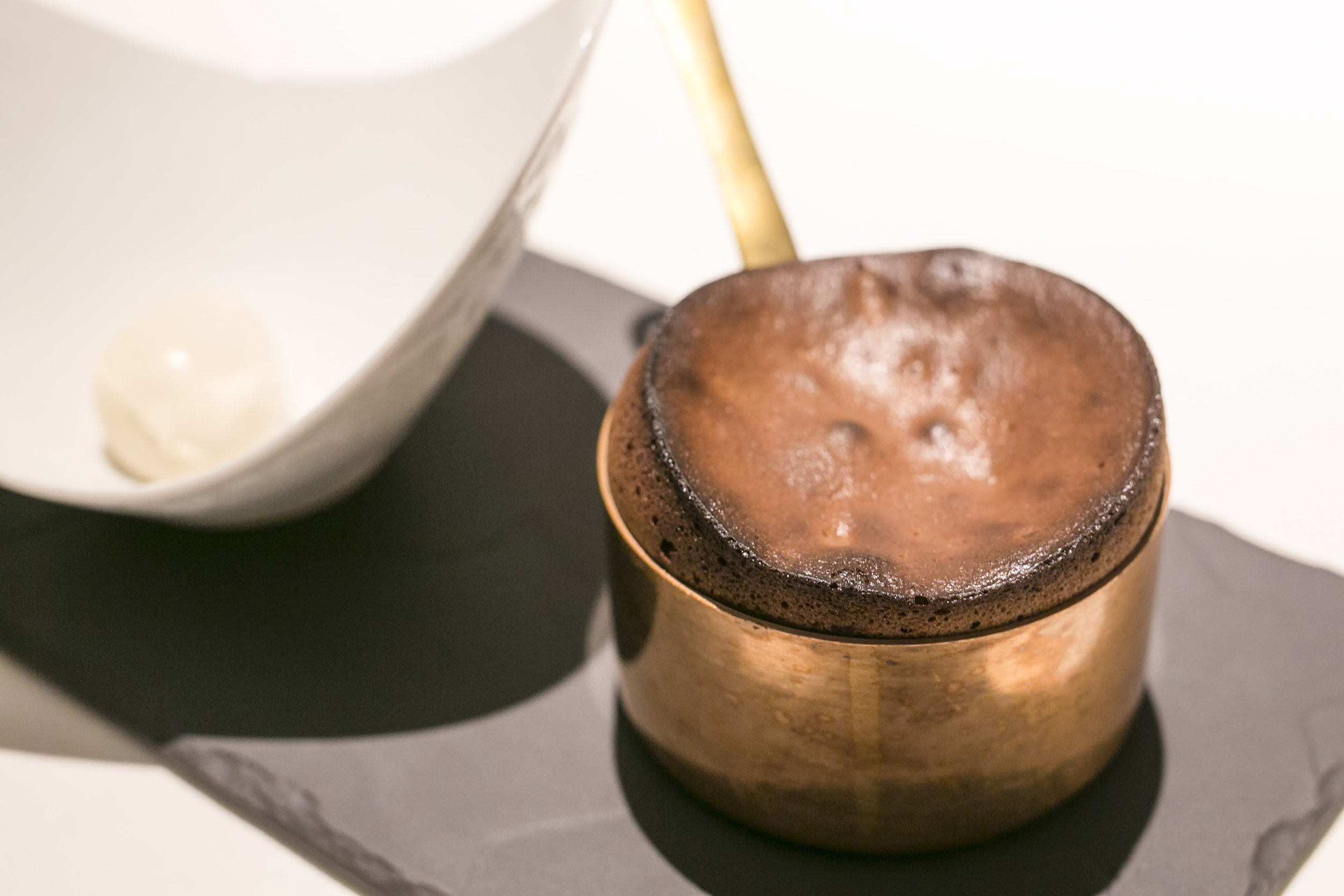 Chocolate Souffle Served in Copper Pot